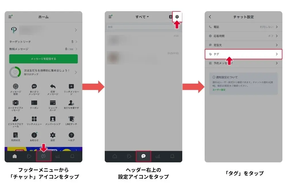 ①LINE公式アカウントアプリで操作する場合は、チャット画面に移動した後、一覧画面の歯車マーク「チャットタグ」をタップ→「タグ」をタップします。