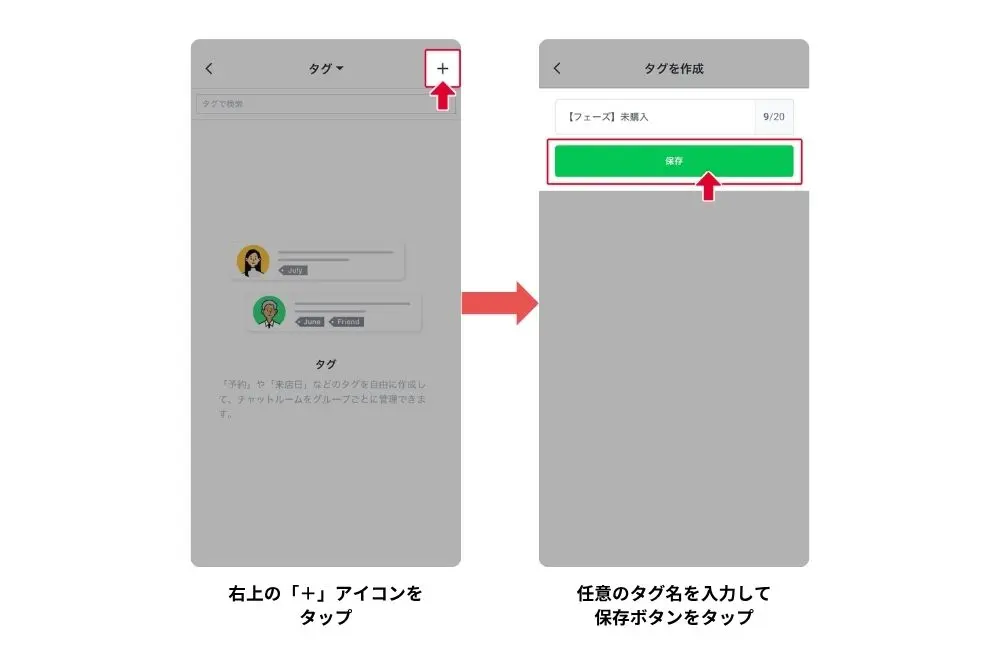 ②右上の「+」アイコンをタップ→任意のタグ名を入力して保存します。